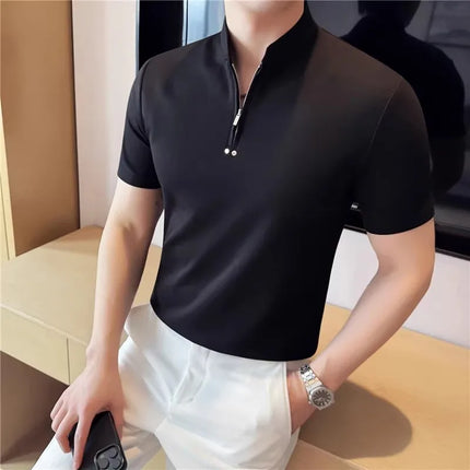 Herre T-Shirts mit hohem Kragen und Glidelås – Kortermet Slim Fit | Trendy Ensfarget Sommer Topp i Lett und Komfortablet Stoff