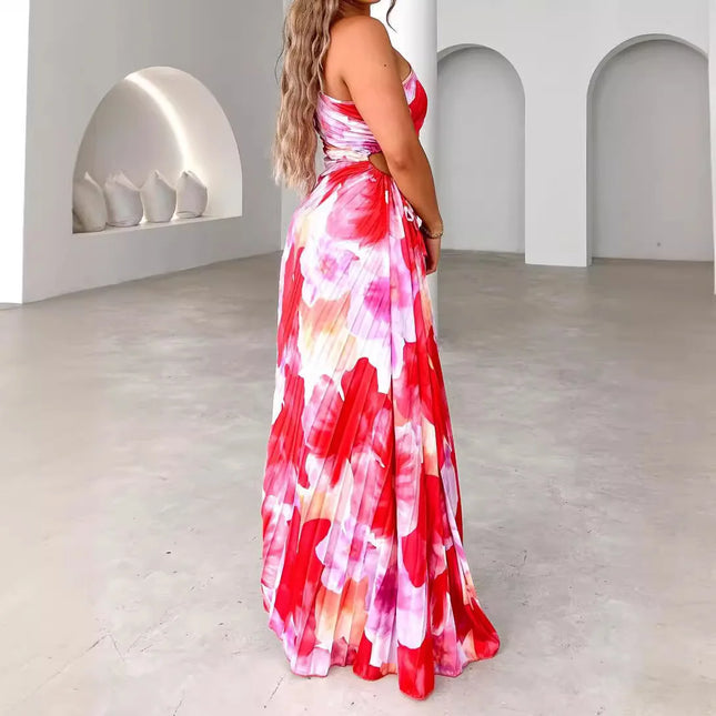 Sommerkjole med Én Skulder og Snøring – Sexy og Elegant Lang Kjole med Plissert og Ujevn Kant