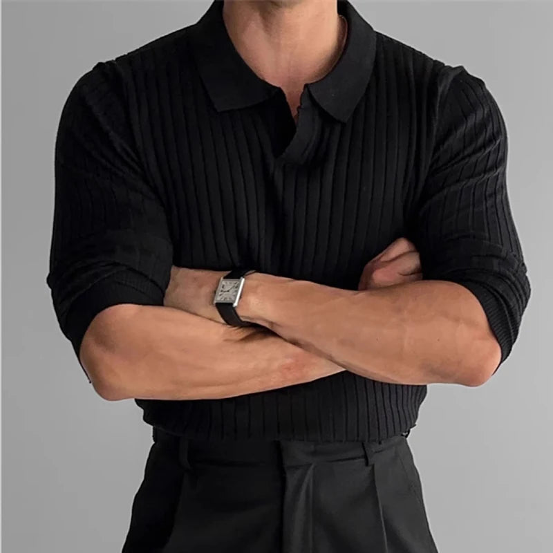 Herre Strikket Polo i Jacquard – Elegant V-hals & Langermet Genser