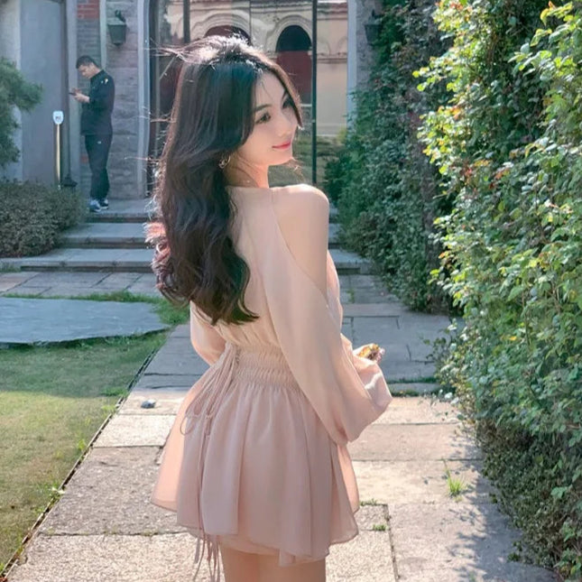 Elegant sommerkjole med puff-ermer – Off Shoulder mini-kjole i chiffon