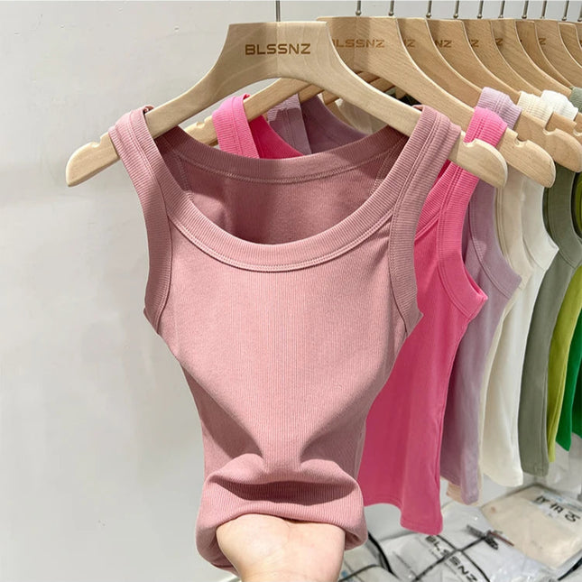 Ribbestrikket Rundhalset Topp – Basic Sommer Singlet for Dame