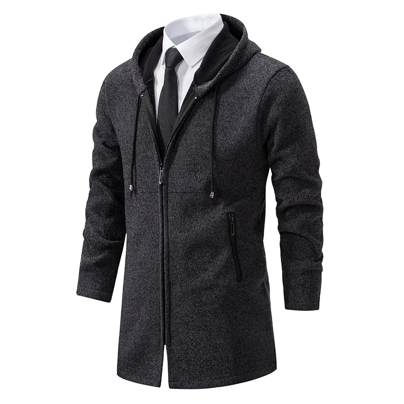 Herre Lang Cardigan med Hette – Varm Vinterjakke i Fleece & Strikk | Koreansk Designerstil
