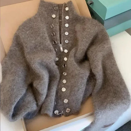 Luksuriøs Strikket Cardigan for Dame – Myk, Fluffy Jakke med Glidelås og Dobbelspent Design | Trendy Y2K Høstgenser