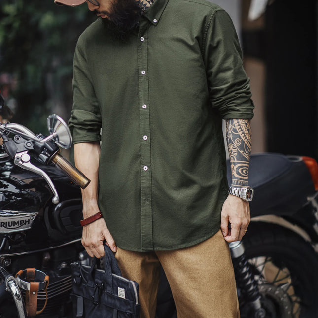 Vintage Oxford Skjorte for Menn – Børstet Bomull Langermet Skjorte | Klassisk Ensfarget Høstskjorte i Mykt Stoff