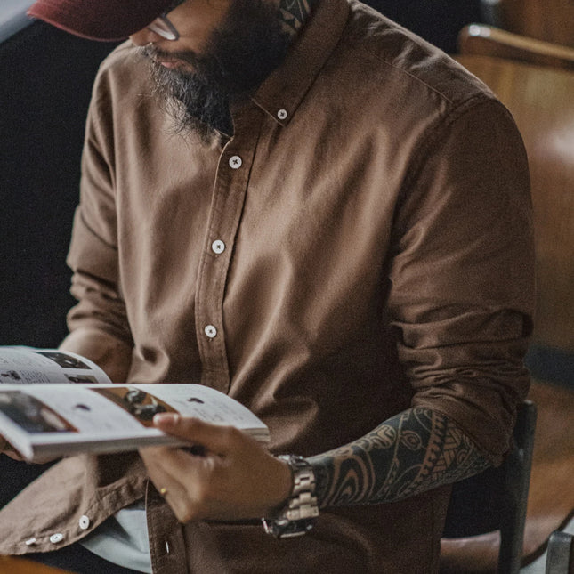 Vintage Oxford Skjorte for Menn – Børstet Bomull Langermet Skjorte | Klassisk Ensfarget Høstskjorte i Mykt Stoff