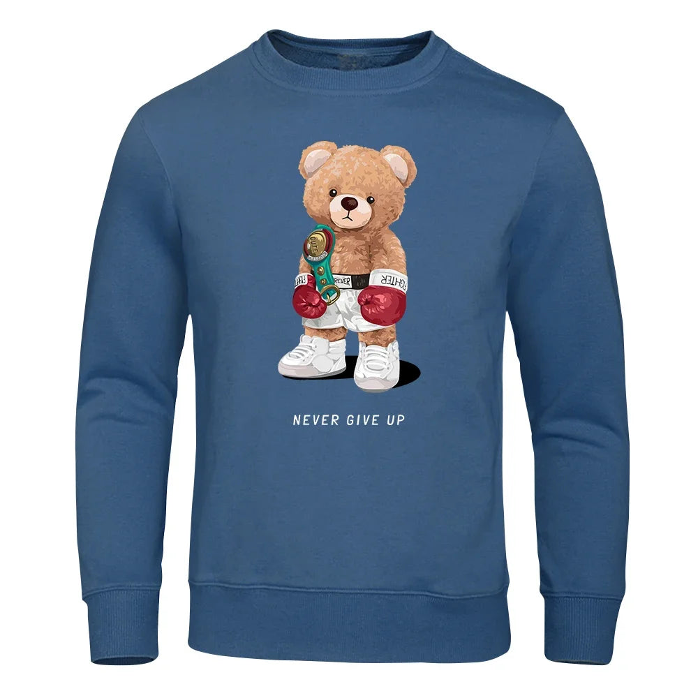 Herre Hoodie med Trykk – "Strong Boxer Teddy Bear" | Løs Passform & Streetwear Harajuku Stil