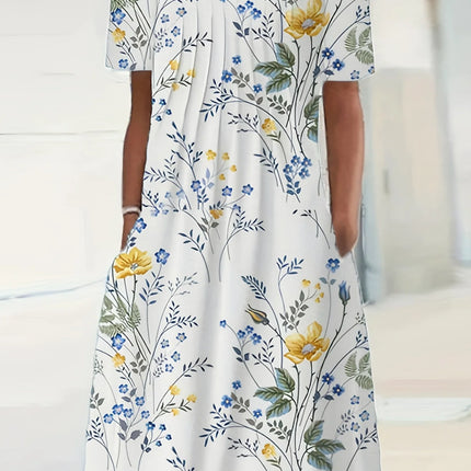 Elegant Sommerkjole med Vidt Skjørt – Rund Hals og Kort Erm med Blomsterprint (2024 Nyhet)