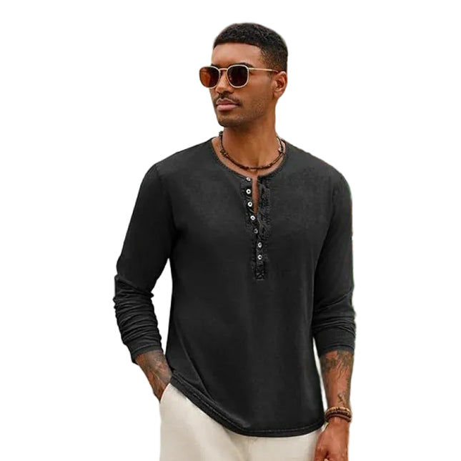 Vintage Henley Langermet T-skjorte for Menn – Vasket Retro Stil med Knappelukking | Komfortabel og Avslappet Hverdagsgenser