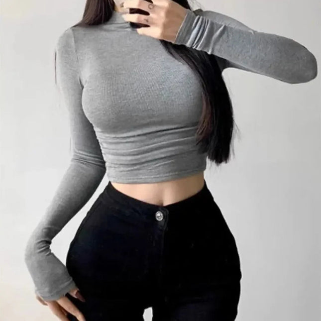 Dame Cropped Topp – Tettsittende Ribbestrikket Pologenser med Lange Ermer