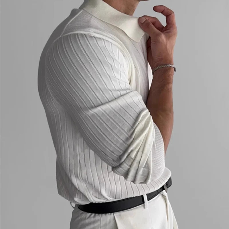 Herre Strikket Polo i Jacquard – Elegant V-hals & Langermet Genser