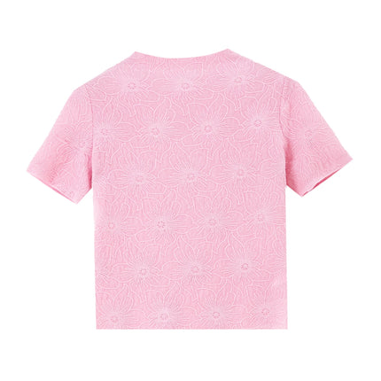 Rosa Strikket Topp til Dame – Floral Jacquard med Mock Neck og Slim Fit