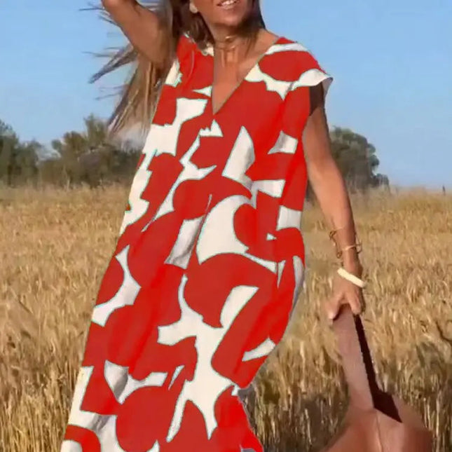 Bohemsk Maxikjole med Vintageprint – Ermeløs Sommerkjole med Høyt Liv