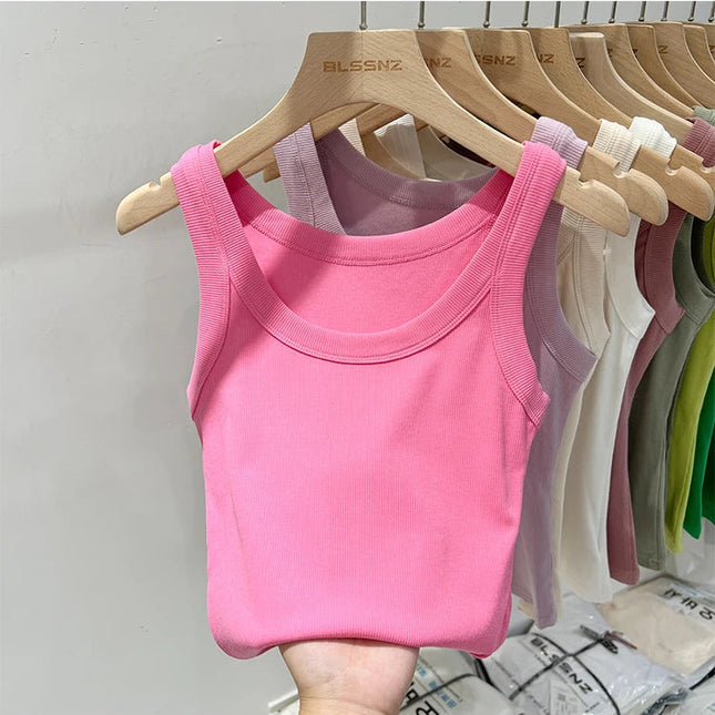 Ribbestrikket Rundhalset Topp – Basic Sommer Singlet for Dame