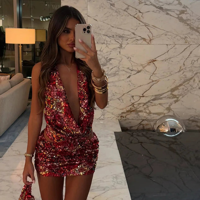 Fargerikt Paljettsett – Halterneck Toppløs Vest & Bodycon Miniskjørt