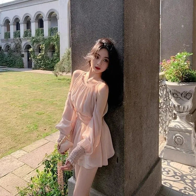 Elegant sommerkjole med puff-ermer – Off Shoulder mini-kjole i chiffon