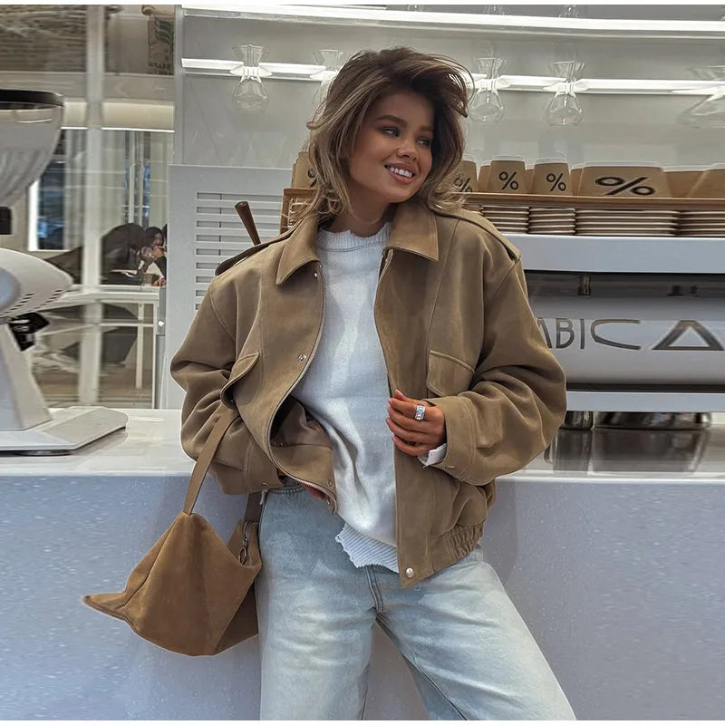 Dame Bomberjakke – Vintage Semsket Patchwork med Glidelås & Lommer