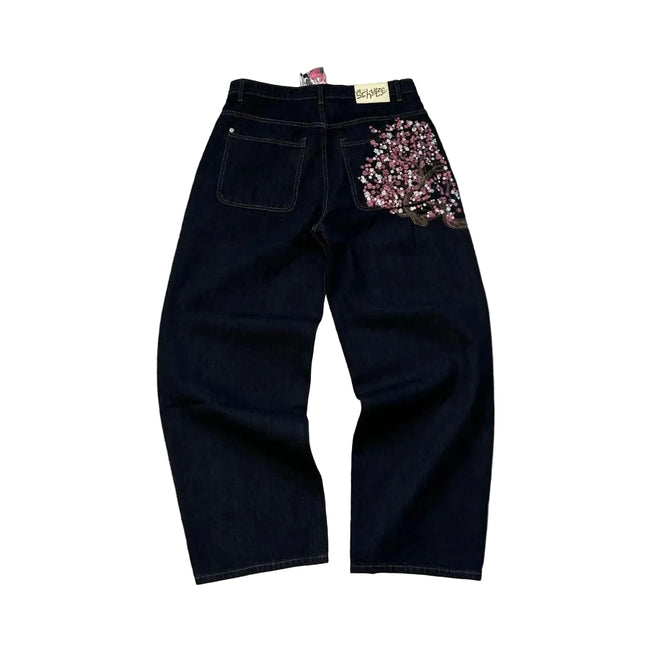 Y2K Hip-Hop Jeans for Menn – Broderte Lave Wide Leg Bukser med Glidelås | Retro Streetwear i Løs Passform med Gullmynt-detaljer