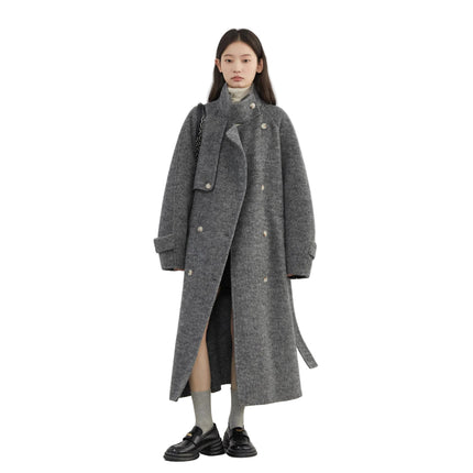 Elegant Ullkåpe for Dame – Dobbelsidig Kåpe med Ståkrage | Løs Passform til Høst og Vinter 2024