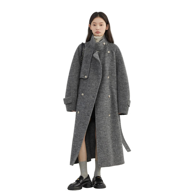 Elegant Ullkåpe for Dame – Dobbelsidig Kåpe med Ståkrage | Løs Passform til Høst og Vinter 2024