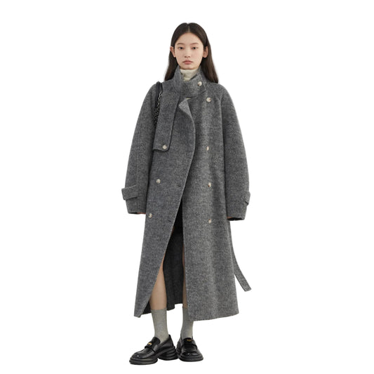 Elegant Ullkåpe for Dame – Dobbelsidig Kåpe med Ståkrage | Løs Passform til Høst og Vinter 2024