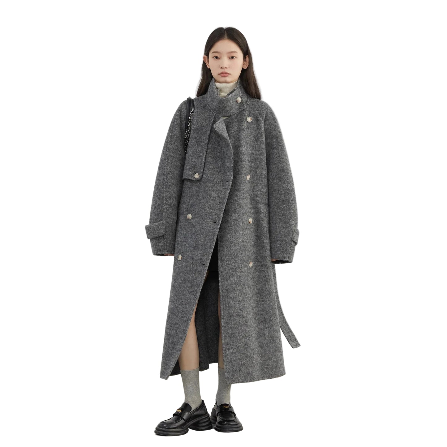 Elegant Ullkåpe for Dame – Dobbelsidig Kåpe med Ståkrage | Løs Passform til Høst og Vinter 2024