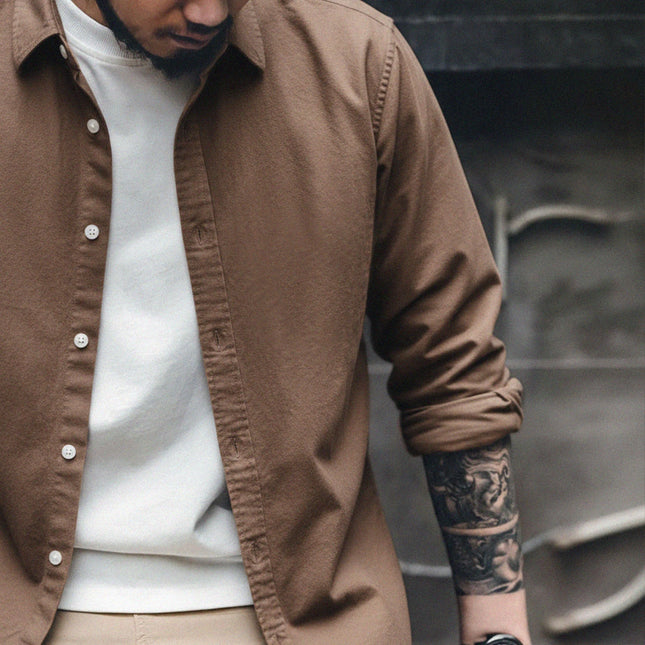 Vintage Oxford Skjorte for Menn – Børstet Bomull Langermet Skjorte | Klassisk Ensfarget Høstskjorte i Mykt Stoff