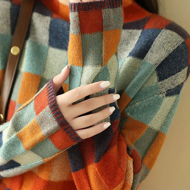 Streetwear Høyhalset Genser – Ruter & Kontrastfarger | Løs, Trendy & Varm Høst/Vinter