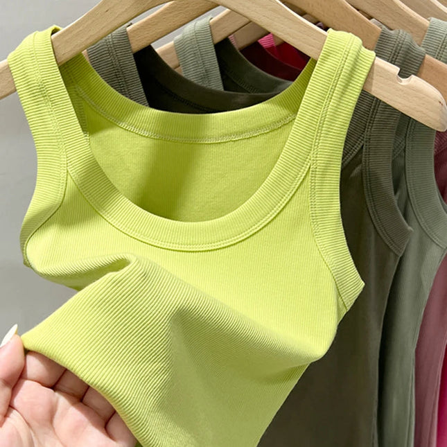 Ribbestrikket Rundhalset Topp – Basic Sommer Singlet for Dame