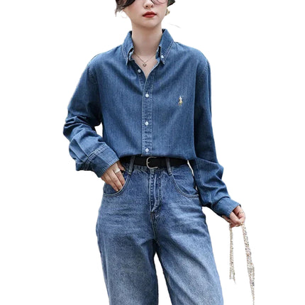 Vintage-inspirert denimskjorte med krystallbroderi – amerikansk look, avslappet passform