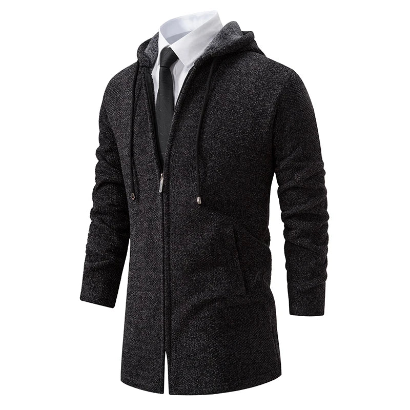 Herre Lang Cardigan med Hette – Varm Vinterjakke i Fleece & Strikk | Koreansk Designerstil