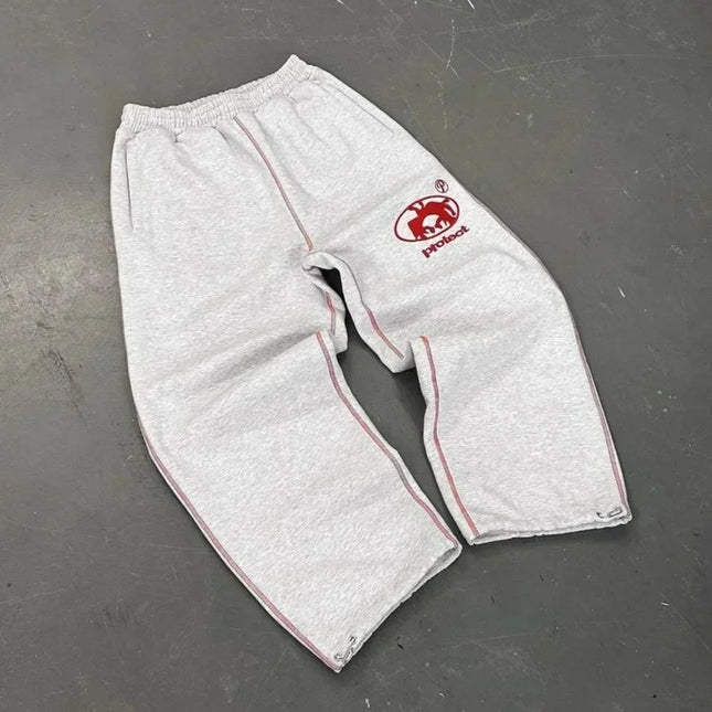 Y2K Joggebukse – Grå Brodert Streetwear | Unisex Retro Hip Hop Sweatpants