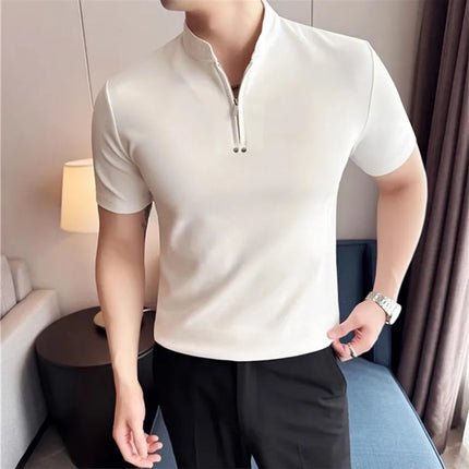 Herre T-Shirts mit hohem Kragen und Glidelås – Kortermet Slim Fit | Trendy Ensfarget Sommer Topp i Lett und Komfortablet Stoff