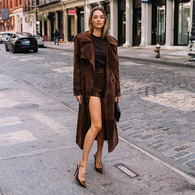 Lang Semsket Frakk for Dame – Elegant Dobbeltspent Jakke med Belte | Vintage Stil til Høst og Vinter 2025