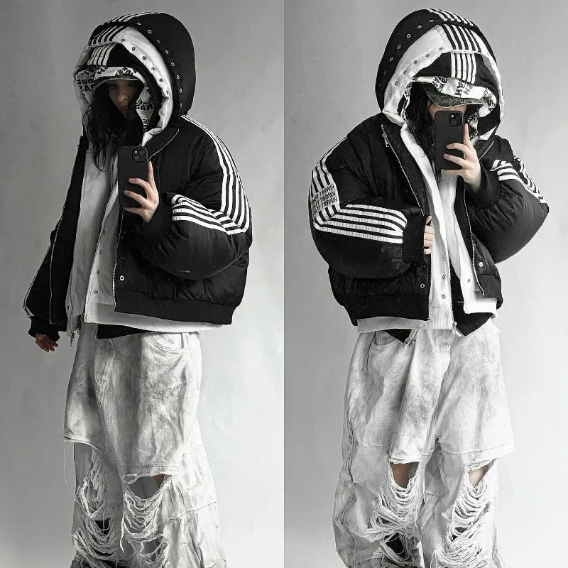 Stripet Vinterjakke for Dame – Varm og Løs Bomullspolstret Jakke | Harajuku Streetwear Stil med Glidelås