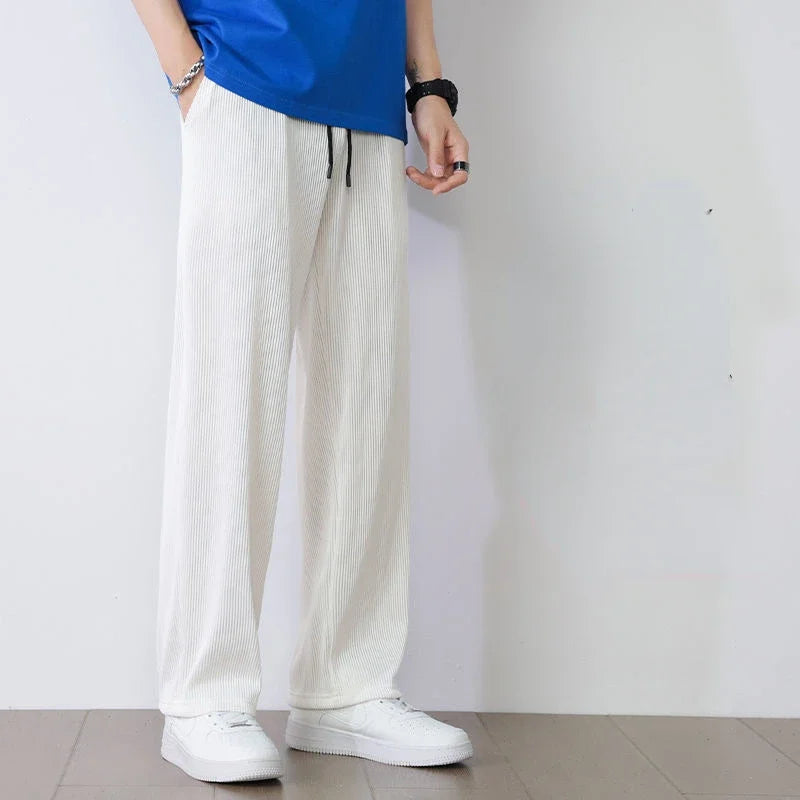 Hvite Ice Silk Sommerbukser for Herre – Lette, Vide Streetwear Bukser