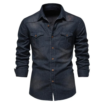 Slim Fit Denimskjorte for Herre – Elastisk Bomull og Klassisk Cowboy-stil med Moderne Passform