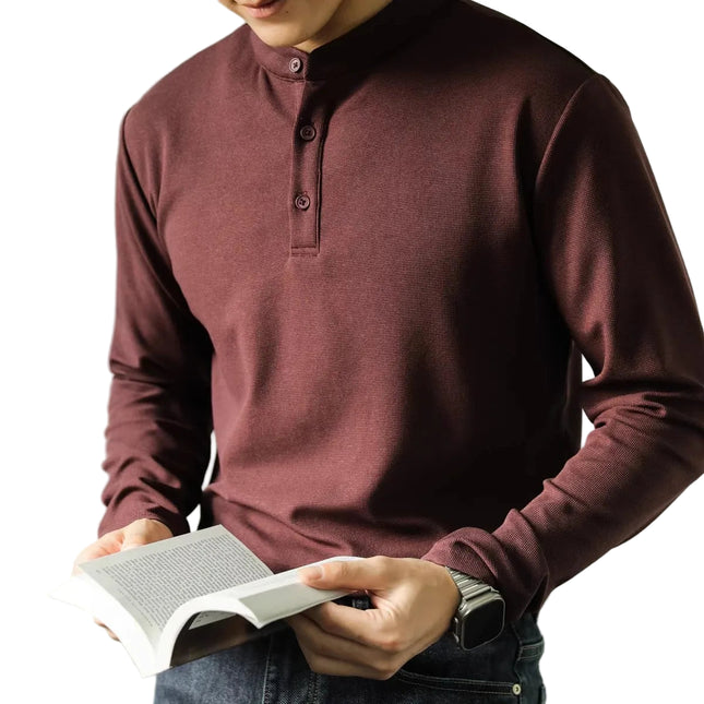 Herre Polo Skjorte med Ståkrage – Ensfarget Langermet Henley T-skjorte | Elegant Business Casual Stil (M–4XL)