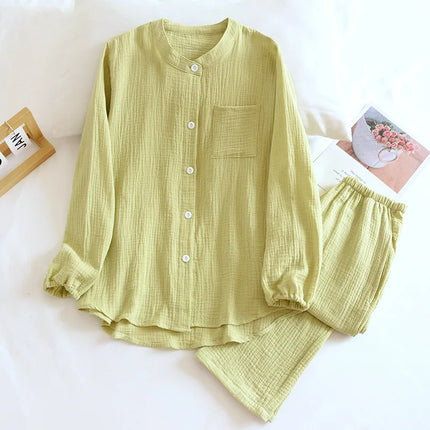 Unisex Pysjamasett i Bomull (Yarn Crepe) – 2-delt Sett med Langermet Rundhalset Topp + Bukse | Ensfarget Hjemmesett