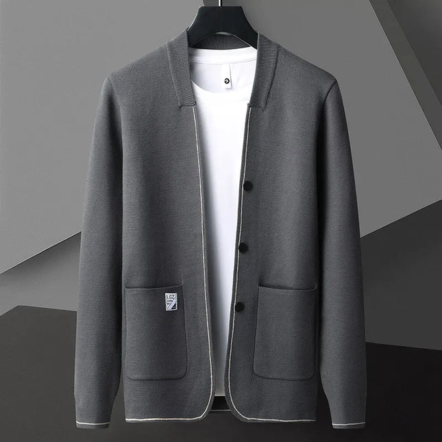 Herre Cardigan – Strikket Ensfarget Jakke | Koreansk Casual med Sjal-krage & Lommer
