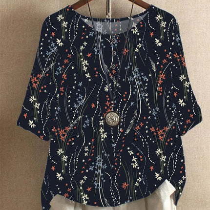 Etnisk Vintage-Print Bluse – Løs Passform, O-hals og Halvlange Ermer