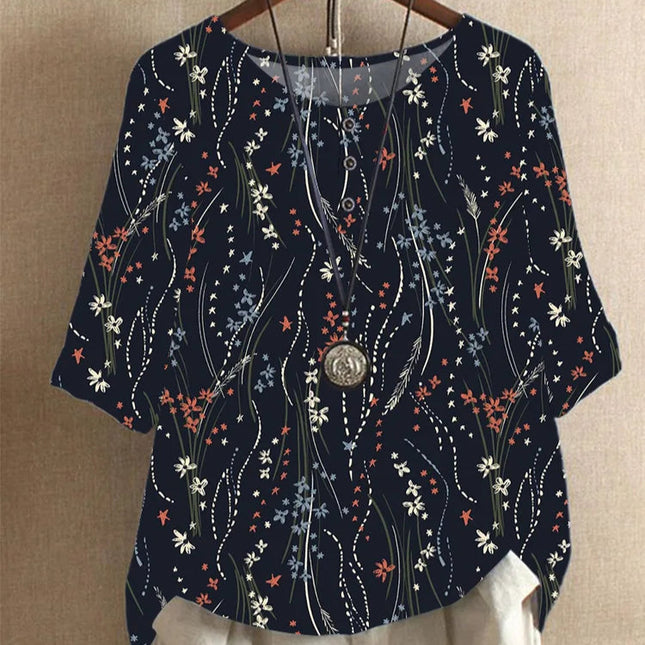 Etnisk Vintage-Print Bluse – Løs Passform, O-hals og Halvlange Ermer