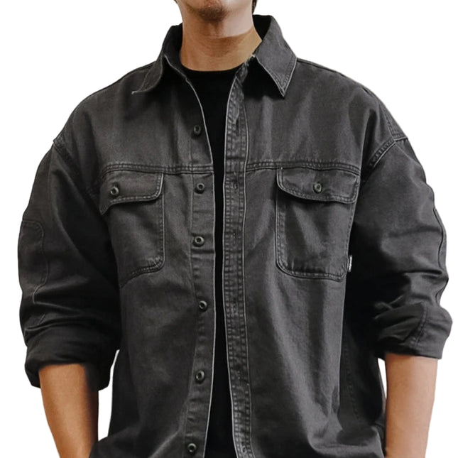 Japansk Vintage Arbeidsskjorte for Menn – Tung Bomull i Vasket Twill | Oversized Skjorte i Høy Kvalitet med Slitt Look