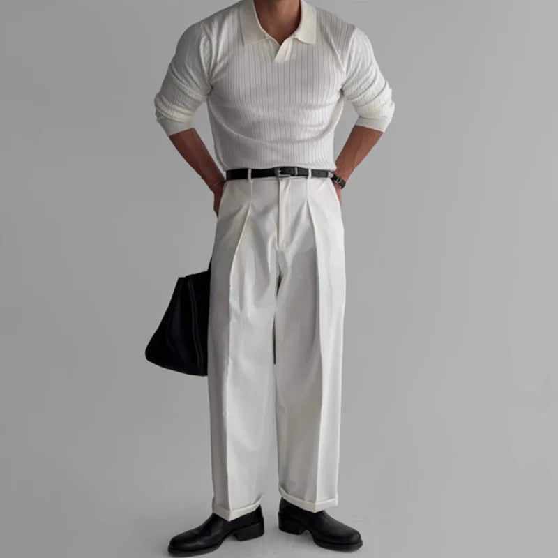 Herre Strikket Polo i Jacquard – Elegant V-hals & Langermet Genser
