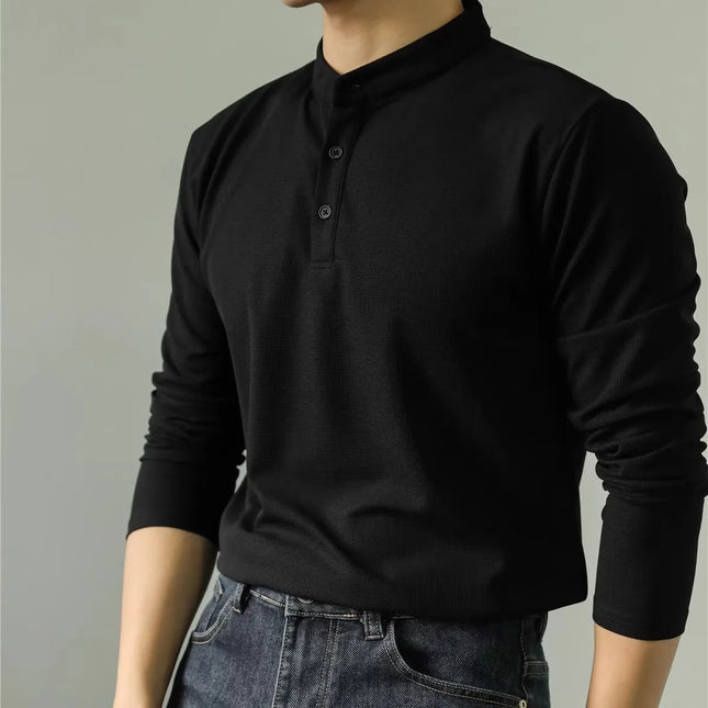Herre Polo Skjorte med Ståkrage – Ensfarget Langermet Henley T-skjorte | Elegant Business Casual Stil (M–4XL)