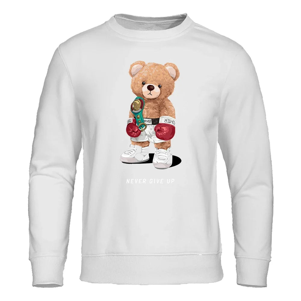 Herre Hoodie med Trykk – "Strong Boxer Teddy Bear" | Løs Passform & Streetwear Harajuku Stil