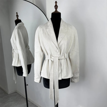 Retro Semsket Jakke for Dame – V-utringet Snørejakke i Semsket Look | Elegant Kontor- og Hverdagsjakke til Høst & Vinter 2025