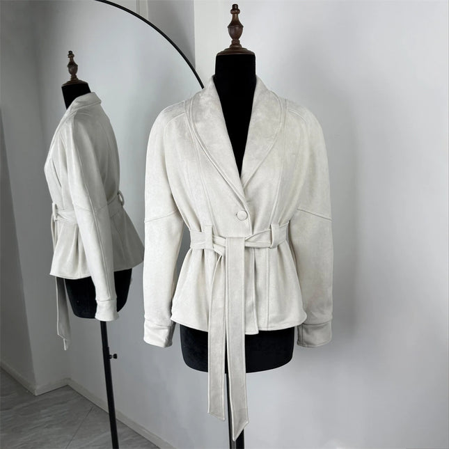 Retro Semsket Jakke for Dame – V-utringet Snørejakke i Semsket Look | Elegant Kontor- og Hverdagsjakke til Høst & Vinter 2025