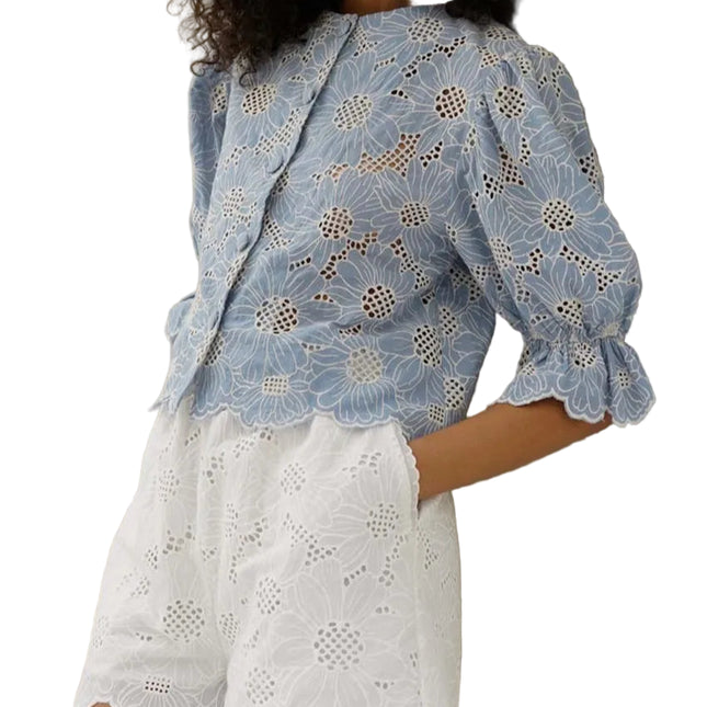 Elegant Blåmønstret Skjorte til Dame – Rund Hals & Halvlange Ermer i Bomull
