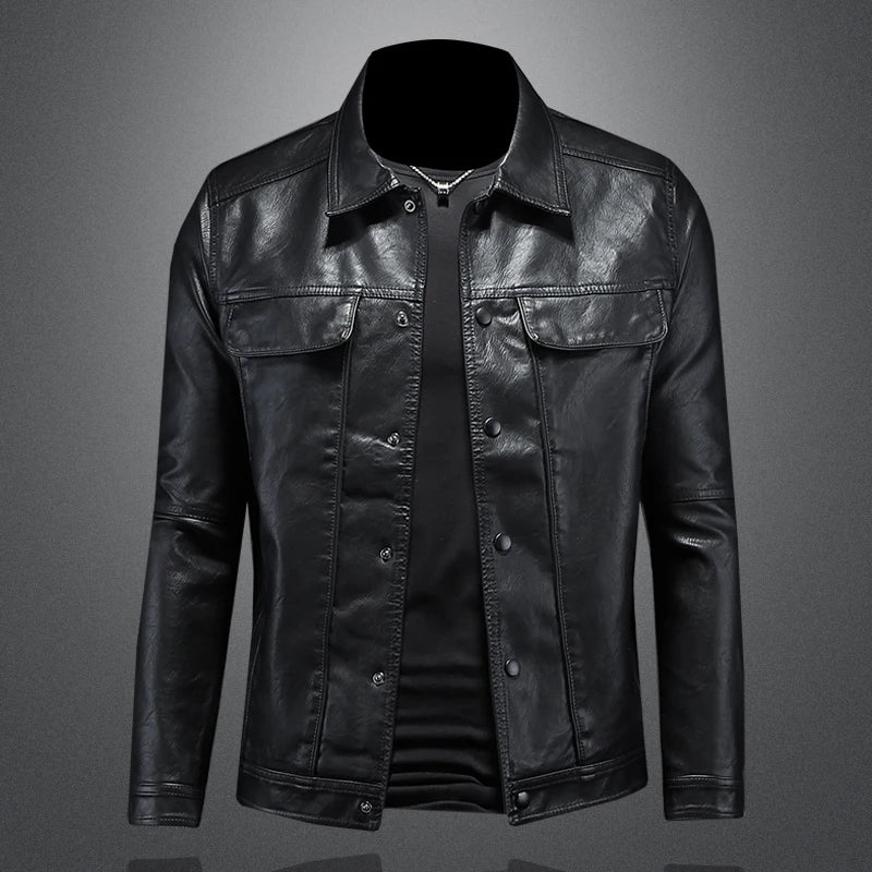 Stilren Herre Skinnjakke med Krage – Slim Fit Motorsykkeldesign i Ensfarget Look (M–5XL)