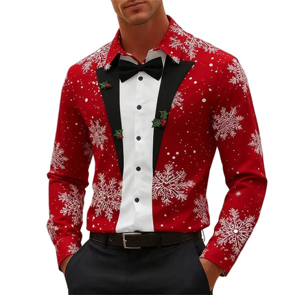 Jule Skjorte for Menn – Langermet Skjorte med Sløyfe og Snøfnuggmønster | Festlig og Komfortabel Skjorte til Jul og Nyttår
